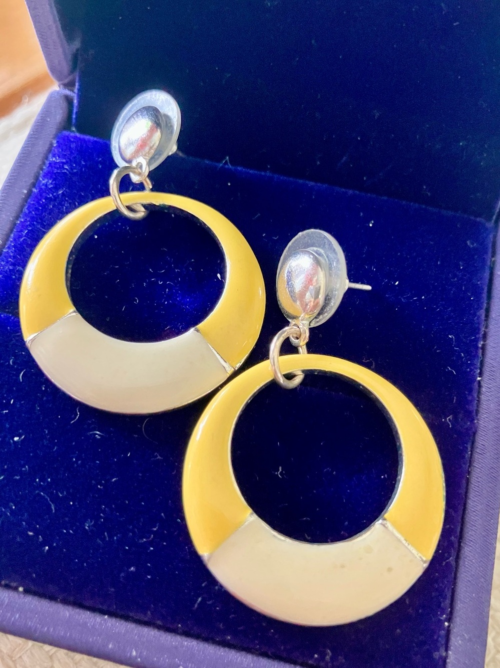 Vintage Yellow & Cream Silver Hoop Drop Earrings for Women